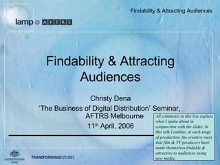 Findability & Attracting Audiences Christy Dena ‘ The Business of Digital Distribution’ Seminar,  AFTRS Melbourne 11 th  April, 2006 All comments in this box explain what I spoke about in conjunction with the slides. In this talk I outline, at each stage of production, the creative ways that film & TV producers have made themselves findable & attractive to audiences using new media. 