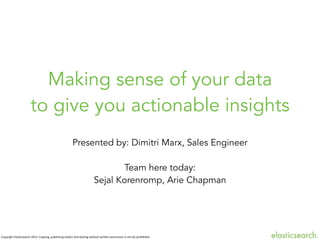 Making sense of your data 
to give you actionable insights 
Presented by: Dimitri Marx, Sales Engineer 
Copyright 
Elasticsearch 
2013. 
Copying, 
publishing 
and/or 
distributing 
without 
written 
permission 
is 
strictly 
prohibited 
! 
Team here today: 
Sejal Korenromp, Arie Chapman 
 