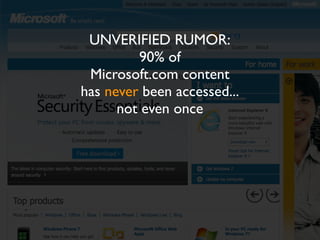 UNVERIFIED RUMOR:
         90% of
 Microsoft.com content
has never been accessed...
      not even once

     TAKEAWAY:
  ...