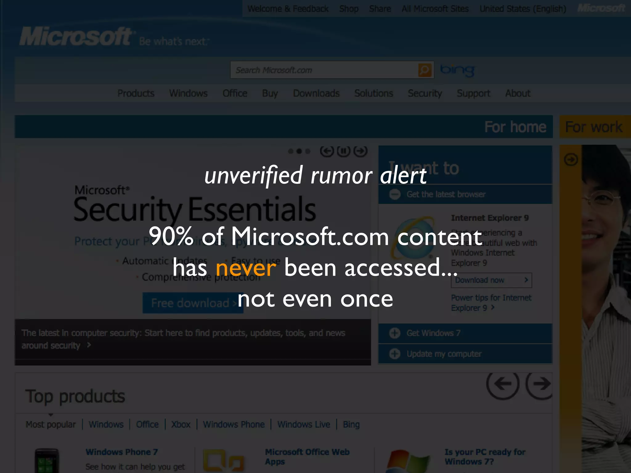 unveriﬁed rumor alert

90% of Microsoft.com content
  has never been accessed...
        not even once
 