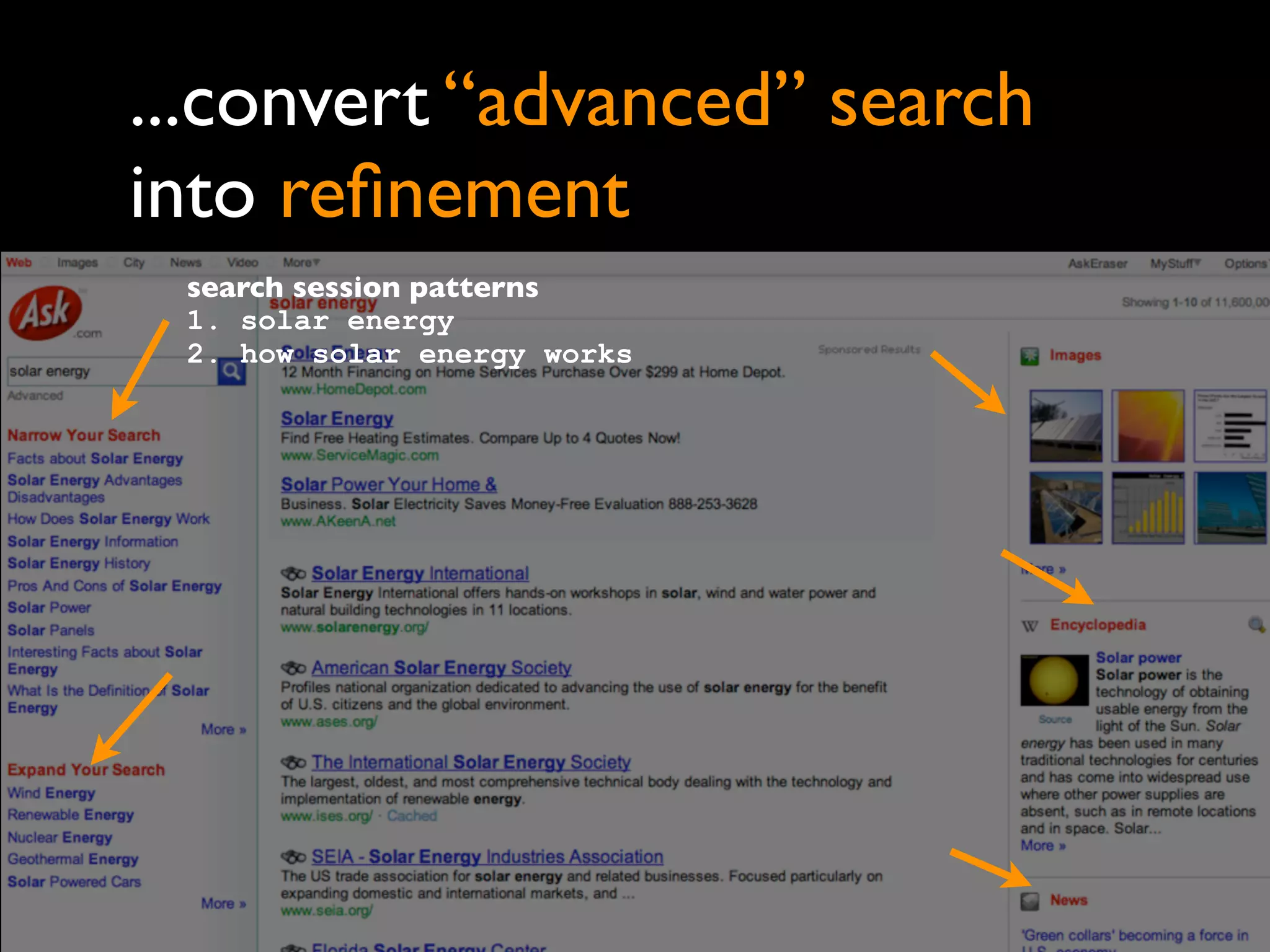 ...convert “advanced” search
into reﬁnement
 search session patterns
 1. solar energy
 2. how solar energy works
 