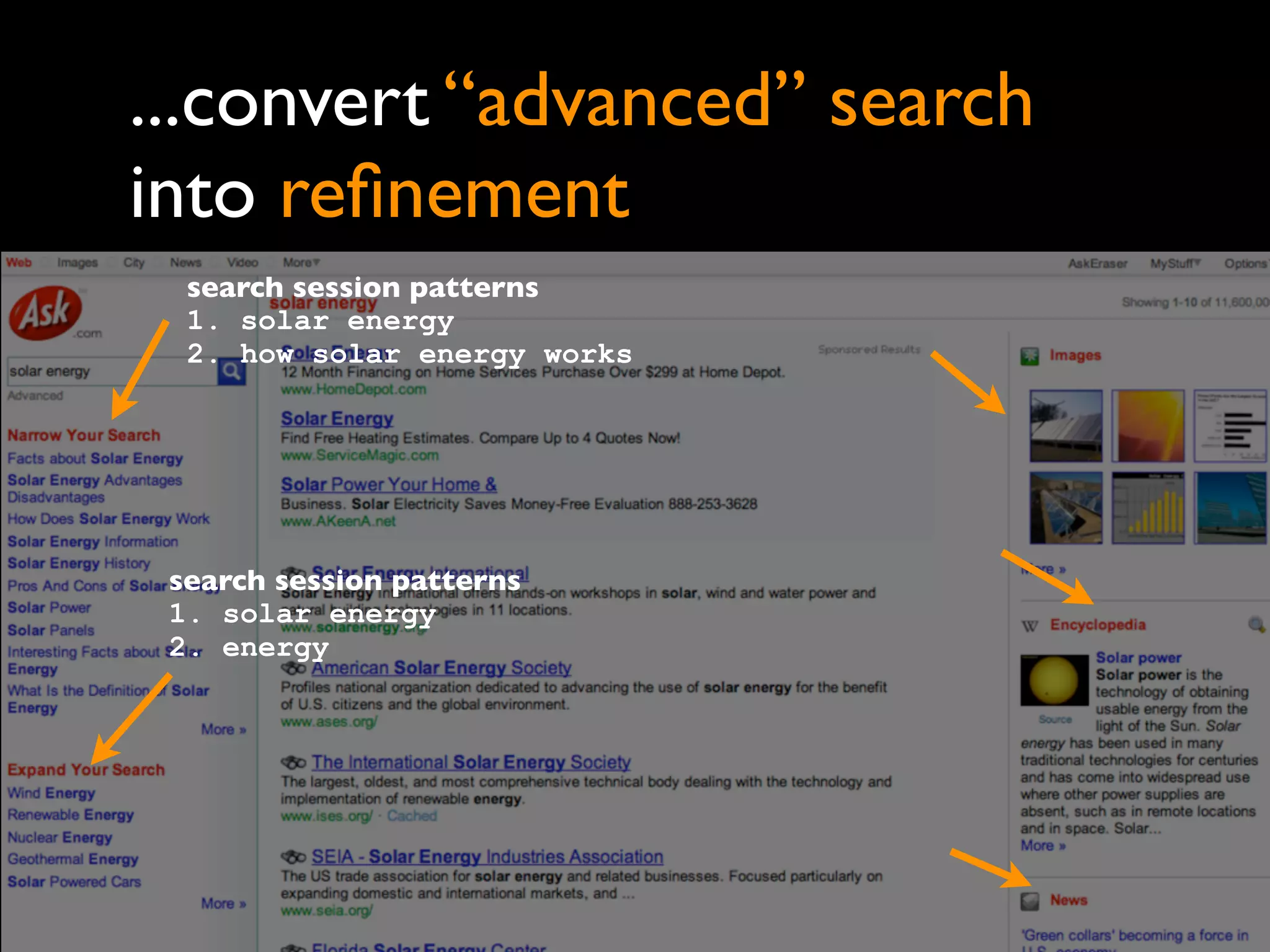 ...convert “advanced” search
into reﬁnement
  search session patterns
  1. solar energy
  2. how solar energy works




 search session patterns
 1. solar energy
 2. energy
 