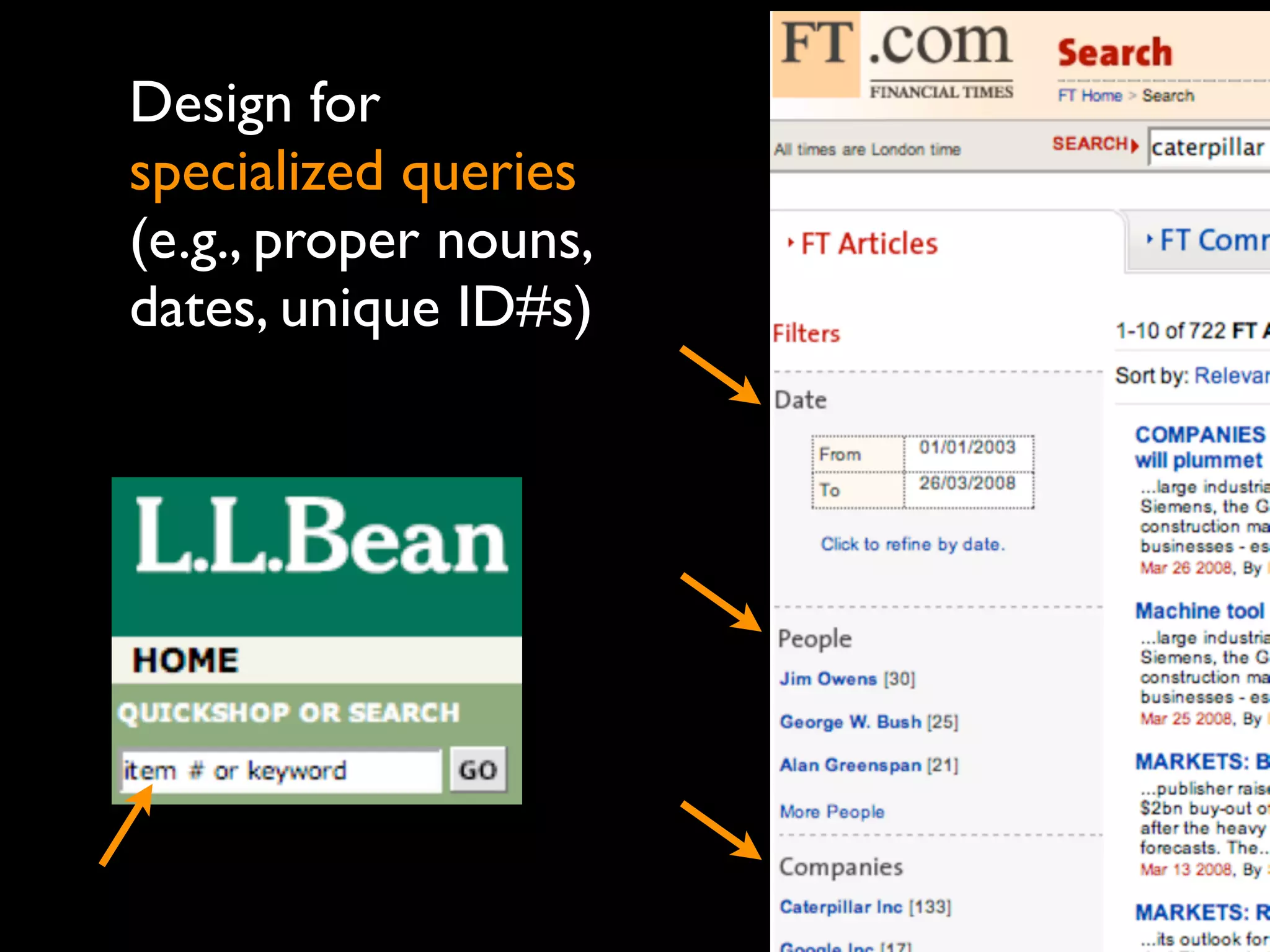Design for
specialized queries
(e.g., proper nouns,
dates, unique ID#s)
 