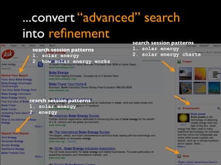 ...convert “advanced” search
into reﬁnement                search session patterns
  search session patterns     1. solar energy
  1. solar energy             2. solar energy charts
  2. how solar energy works




 search session patterns
 1. solar energy
 2. energy
 