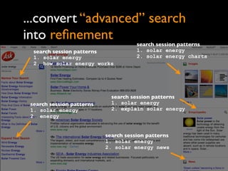...convert “advanced” search
into reﬁnement                        search session patterns
  search session patterns             1. solar energy
  1. solar energy                     2. solar energy charts
  2. how solar energy works




                             search session patterns
 search session patterns     1. solar energy
 1. solar energy             2. explain solar energy
 2. energy


                           search session patterns
                           1. solar energy
                           2. solar energy news
 