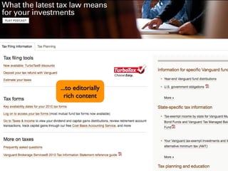 Vanguard’s Tax Center is a
simple, low-tech, editorial


      ...to editorially
        rich content
 