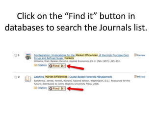 Click on the “Find it” button in
databases to search the Journals list.
 