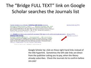 The “Bridge FULL TEXT” link on Google
  Scholar searches the Journals list




          Google Scholar tip: click on these right-hand links instead of
          the title hyperlink. Sometimes the left-side links are direct
          from the publisher asking you to pay, when the library
          already subscribes. Check the Journals list to confirm before
          you pay!
 