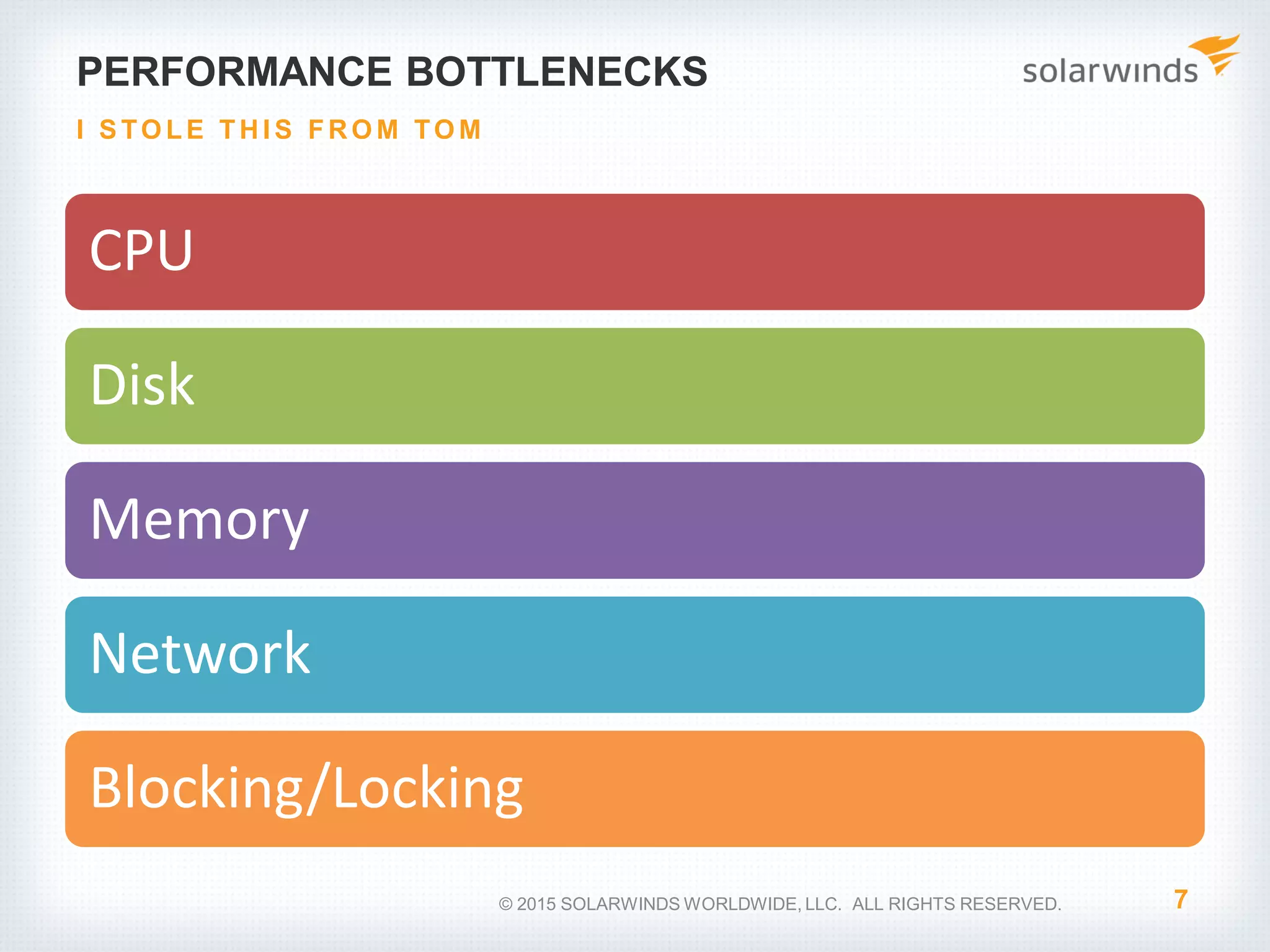 PERFORMANCE BOTTLENECKS CPU Disk Memory Network Blocking/Locking 7 I S TO LE THI S FRO M TO M © 2015 SOLARWINDS WORLDWIDE, LLC. ALL RIGHTS RESERVED. 
