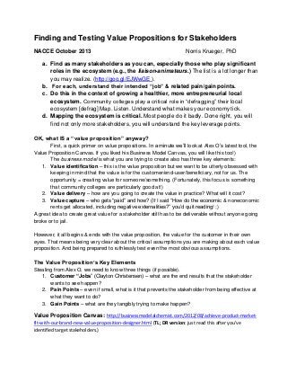 Finding and Testing Value Propositions for Stakeholders
NACCE October 2013

Norris Krueger, PhD

a. Find as many stakeholders as you can, especially those who play significant
roles in the ecosystem (e.g., the liaison-animateurs.) The list is a lot longer than
you may realize. (http://goo.gl/EJWwGE ).
b. For each, understand their intended “job” & related pain/gain points.
c. Do this in the context of growing a healthier, more entrepreneurial local
ecosystem. Community colleges play a critical role in “defragging” their local
ecosystem [defrag] Map. Listen. Understand what makes your economy tick.
d. Mapping the ecosystem is critical. Most people do it badly. Done right, you will
find not only more stakeholders, you will understand the key leverage points.
OK, what IS a “value proposition” anyway?
First, a quick primer on value propositions. In a minute we’ll look at Alex O’s latest tool, the
Value Proposition Canvas. If you liked his Business Model Canvas, you will like this too!)
The business model is what you are trying to create also has three key elements:
1. Value identification – this is the value proposition but we want to be utterly obsessed with
keeping in mind that the value is for the customer/end-user/beneficiary, not for us. The
opportunity = creating value for someone/something. (Fortunately, this focus is something
that community colleges are particularly good at!)
2. Value delivery – how are you going to create the value in practice? What will it cost?
3. Value capture – who gets “paid” and how? (If I said “How do the economic & noneconomic
rents get allocated, including negative externalities?” you’d quit reading! ;)
A great idea to create great value for a stakeholder still has to be deliverable without anyone going
broke or to jail.
However, it all begins & ends with the value proposition, the value for the customer in their own
eyes. That means being very clear about the critical assumptions you are making about each value
proposition. And being prepared to ruthlessly test even the most obvious assumptions.

The Value Proposition’s Key Elements
Stealing from Alex O, we need to know three things (if possible).
1. Customer “Jobs” (Clayton Christensen) – what are the end results that the stakeholder
wants to see happen?
2. Pain Points – even if small, what is it that prevents the stakeholder from being effective at
what they want to do?
3. Gain Points – what are they tangibly trying to make happen?

Value Proposition Canvas: http://businessmodelalchemist.com/2012/08/achieve-product-marketfit-with-our-brand-new-value-proposition-designer.html (TL; DR version: just read this after you’ve
identified target stakeholders.)

 