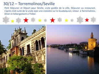 30/12 – Torremolinos/Seville
Petit Déjeuner et Départ pour Séville, visite guidée de la ville, Déjeuner au restaurant.
L’après midi suite de la visite avec une croisière sur le Guadalquivir, retour à Torremolinos,
Dîner et hébergement á l’hôtel.
 