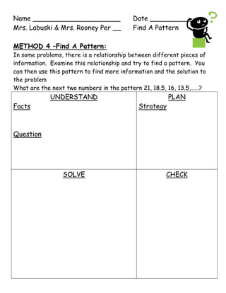Name _____________________Date ___________<br />Mrs. Labuski & Mrs. Rooney Per __Find A Pattern<br />METHOD 4 –Find A Pattern:<br />In some problems, there is a relationship between different pieces of information.  Examine this relationship and try to find a pattern.  You can then use this pattern to find more information and the solution to the problem<br />What are the next two numbers in the pattern 21, 18.5, 16, 13.5,……?<br />,[object Object],In Furland, the king of the Fuzzies was sad to hear that there wean an outbreak of flu.  On the first day 58 Fuzzies came down with the flu.  On the second day 68 Fuzzies got sick, and 60 got sick on the third day.  On the fourth day 70 Fuzzies got sick, and 62 new cases were reported on the fifth day.  If the Fuzzies kept getting the flu at this same rate, how many Fuzzies would come down with the flu on the 10th day?<br />,[object Object],The bus leaves downtown for the mall at 7:35am, 8:10am, 8:45am, and 9:20am.  If the bus continues to run on this schedule, what time does the bus leave between 10:00am and 11:00am?<br />,[object Object],Name _____________________Date ___________<br />Mrs. Labuski & Mrs. Portsmore Per __Find A Pattern  HW<br />Use the four-step problem solving method to solve the following.  Draw the Four-Step Square on loose-leaf and be sure to show all your work.<br />Renee picks up 1 soda can on Monday, 3 on Tuesday, 5 on Wednesday, and 7 on Thursday.  If she continues to increase the number she picks up on Friday, Saturday, and Sunday, she will have 49 on Monday.  How many will she pick up on Friday, Saturday, and Sunday?<br />Isabel wants to work up to doing 40 sit-ups a day.  She plans to do 7 sit-ups the first day, 10 the second day, 13 the third day, and so on.  On what day will she do 40 sit-ups?<br />Name _____________________Date ___________<br />Mrs. Labuski & Mrs. Rooney Per __Find A Pattern<br />METHOD 4 –Find A Pattern:<br />In some problems, there is a relationship between different pieces of information.  Examine this relationship and try to find a pattern.  You can then use this pattern to find more information and the solution to the problem<br />What are the next two numbers in the pattern 21, 18.5, 16, 13.5,……?<br />,[object Object],In Furland, the king of the Fuzzies was sad to hear that there wean an outbreak of flu.  On the first day 58 Fuzzies came down with the flu.  On the second day 68 Fuzzies got sick, and 60 got sick on the third day.  On the fourth day 70 Fuzzies got sick, and 62 new cases were reported on the fifth day.  If the Fuzzies kept getting the flu at this same rate, how many Fuzzies would come down with the flu on the 10th day?<br />,[object Object],The bus leaves downtown for the mall at 7:35am, 8:10am, 8:45am, and 9:20am.  If the bus continues to run on this schedule, what time does the bus leave between 10:00am and 11:00am?<br />,[object Object],Name _____________________Date ___________<br />Mrs. Labuski & Mrs. Portsmore Per __Find A Pattern / HW<br />Use the four-step problem solving method to solve the following.  Draw the Four-Step Square on loose-leaf and be sure to show all your work.<br />Renee picks up 1 soda can on Monday, 3 on Tuesday, 5 on Wednesday, and 7 on Thursday.  If she continues to increase the number she picks up on Friday, Saturday, and Sunday, she will have 49 on Monday.  How many will she pick up on Friday, Saturday, and Sunday?<br />Isabel wants to work up to doing 40 sit-ups a day.  She plans to do 7 sit-ups the first day, 10 the second day, 13 the third day, and so on.  On what day will she do 40 sit-ups?<br />Question #1<br />,[object Object],Question #2<br />,[object Object]