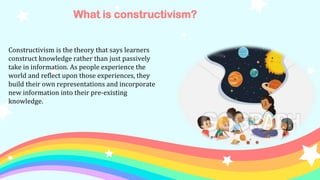 What is constructivism?
?
Constructivism is the theory that says learners
construct knowledge rather than just passively
take in information. As people experience the
world and reflect upon those experiences, they
build their own representations and incorporate
new information into their pre-existing
knowledge.
 