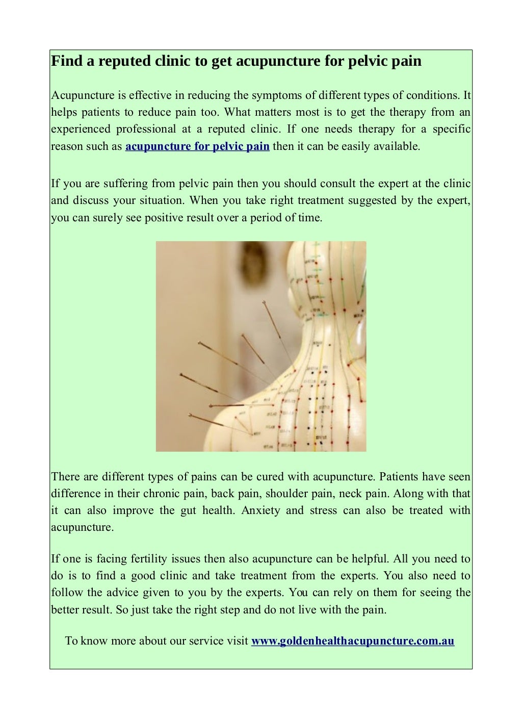Find a reputed clinic to get acupuncture for pelvic pain