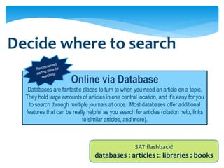 Decide where to search

                       Online via Database
   Databases are fantastic places to turn to when you need an article on a topic.
  They hold large amounts of articles in one central location, and it’s easy for you
   to search through multiple journals at once. Most databases offer additional
  features that can be really helpful as you search for articles (citation help, links
                            to similar articles, and more).



                                                     SAT flashback!
                                  databases : articles :: libraries : books
 