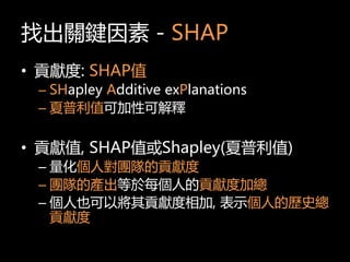 ҳPI - SHAP
? ؕI: SHAPֵ
C SHapley Additive exPlanations
C ֵɼԿɽ
? ؕIֵ, SHAPֵShapley(ֵ)
C ˌF꠵ؕI
C F꠵Įaÿ˵ؕIȼӿ
C ҲԌؕI, ʾ˵Ěvʷ
ؕI
 
