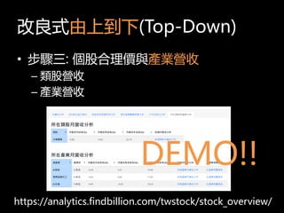 ʽϵ(Top-Down)
? E: ɺrcaII
C ɠI
C aII
https://analytics.findbillion.com/twstock/stock_overview/
DEMO!!
 