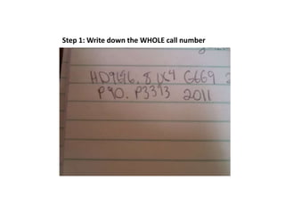 Step 1: Write down the WHOLE call number
 