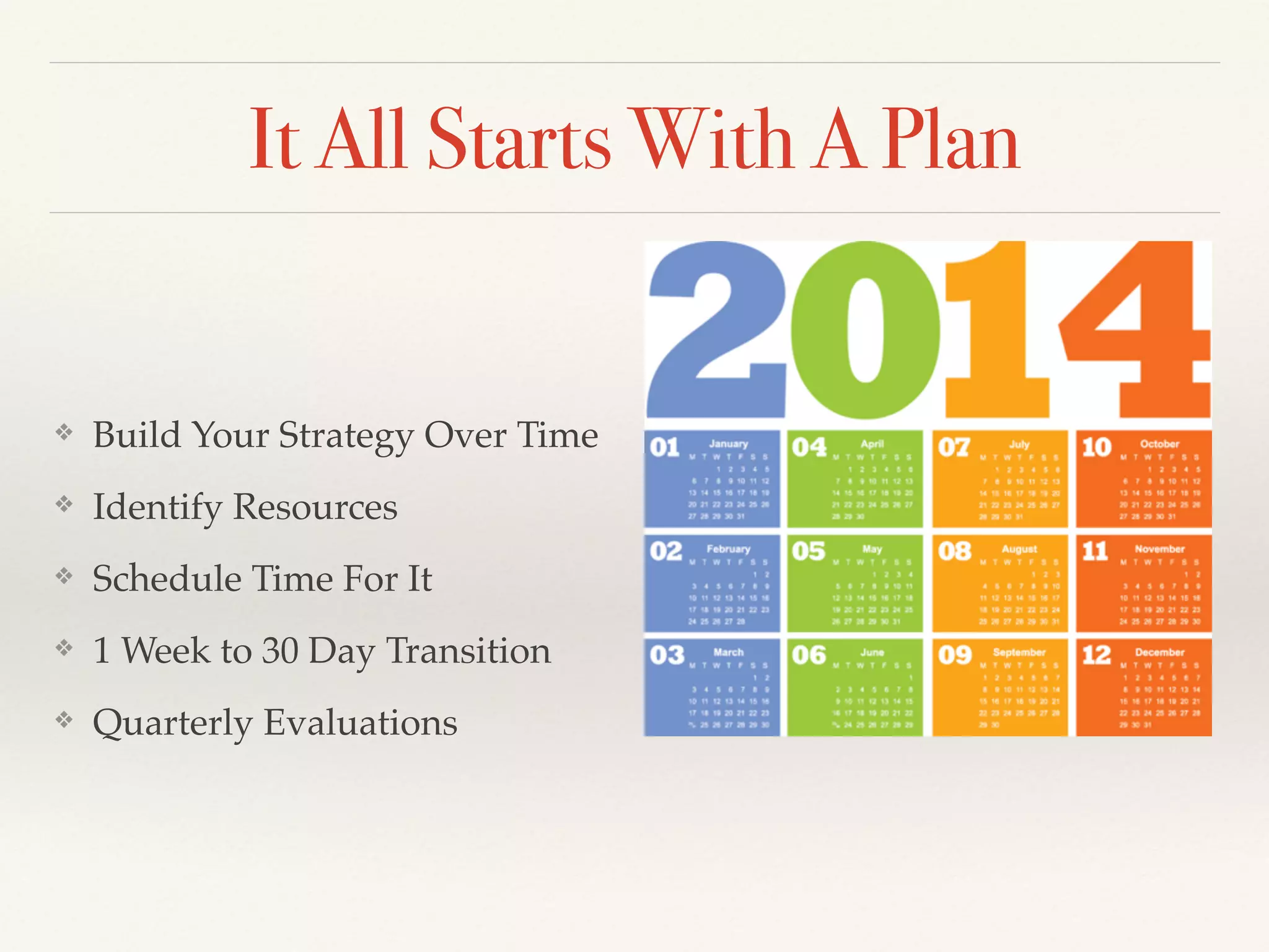 It All Starts With A Plan
❖ Build Your Strategy Over Time!
❖ Identify Resources!
❖ Schedule Time For It!
❖ 1 Week to 30 Day Transition !
❖ Quarterly Evaluations
 