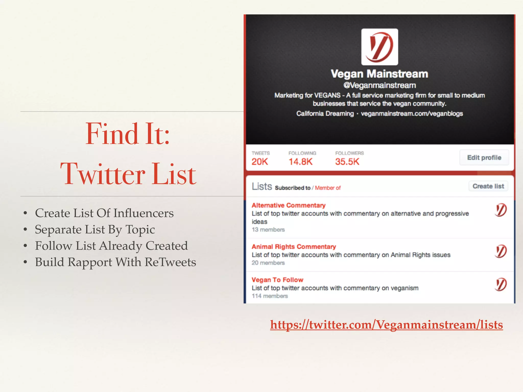 • Create List Of Inﬂuencers!
• Separate List By Topic!
• Follow List Already Created!
• Build Rapport With ReTweets
https://twitter.com/Veganmainstream/lists
Find It:
Twitter List
 