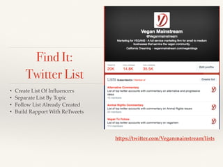 • Create List Of Inﬂuencers!
• Separate List By Topic!
• Follow List Already Created!
• Build Rapport With ReTweets
https://twitter.com/Veganmainstream/lists
Find It:
Twitter List
 