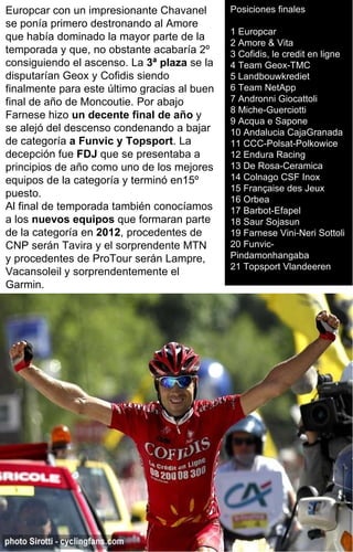 Posiciones finales 1 Europcar  2 Amore & Vita  3 Cofidis, le credit en ligne  4 Team Geox-TMC  5 Landbouwkrediet  6 Team NetApp  7 Andronni Giocattoli  8 Miche-Guerciotti  9 Acqua e Sapone  10 Andalucia CajaGranada  11 CCC-Polsat-Polkowice  12 Endura Racing  13 De Rosa-Ceramica 14 Colnago CSF Inox  15 Française des Jeux  16 Orbea  17 Barbot-Efapel  18 Saur Sojasun  19 Farnese Vini-Neri Sottoli 20 Funvic-Pindamonhangaba 21 Topsport Vlandeeren Europcar con un impresionante Chavanel se ponía primero destronando al Amore que había dominado la mayor parte de la temporada y que, no obstante acabaría 2º consiguiendo el ascenso. La  3ª plaza  se la disputarían Geox y Cofidis siendo finalmente para este último gracias al buen final de año de Moncoutie. Por abajo Farnese hizo  un decente final de año  y se alejó del descenso condenando a bajar de categoría  a Funvic y Topsport . La decepción fue  FDJ  que se presentaba a principios de año como uno de los mejores equipos de la categoría y terminó en15º puesto.  Al final de temporada también conocíamos a los  nuevos equipos  que formaran parte de la categoría en  2012 , procedentes de CNP serán Tavira y el sorprendente MTN y procedentes de ProTour serán Lampre, Vacansoleil y sorprendentemente el Garmin. 