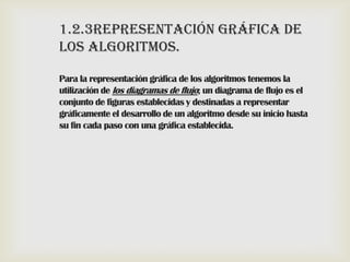 1.2.3REPRESENTACIÓN GRÁFICA DE
LOS ALGORITMOS.
Para la representación gráfica de los algoritmos tenemos la
utilización de los diagramas de flujo; un diagrama de flujo es el
conjunto de figuras establecidas y destinadas a representar
gráficamente el desarrollo de un algoritmo desde su inicio hasta
su fin cada paso con una gráfica establecida.

 