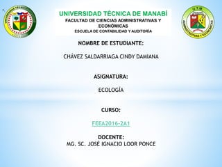 UNIVERSIDAD TÉCNICA DE MANABÍ
FACULTAD DE CIENCIAS ADMINISTRATIVAS Y
ECONÓMICAS
ESCUELA DE CONTABILIDAD Y AUDITORÍA
+,
NOMBRE DE ESTUDIANTE:
CHÁVEZ SALDARRIAGA CINDY DAMIANA
ASIGNATURA:
ECOLOGÍA
CURSO:
FEEA2016-2A1
DOCENTE:
MG. SC. JOSÉ IGNACIO LOOR PONCE
 