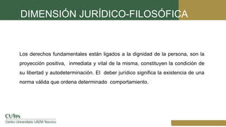 DIMENSIÓN JURÍDICO-FILOSÓFICA
Los derechos fundamentales están ligados a la dignidad de la persona, son la
proyección positiva, inmediata y vital de la misma, constituyen la condición de
su libertad y autodeterminación. El deber jurídico significa la existencia de una
norma válida que ordena determinado comportamiento.
 