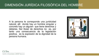 DIMENSIÓN JURÍDICA FILOSÓFICA DEL HOMBRE
A la persona le corresponde una juridicidad
natural, allí donde hay un hombre singular y
concreto hay un alguien que tiene derechos y
deberes. Ser titular de derechos no es, por
tanto una consecuencia de la legislación
positiva, es la expresión de la dignidad de la
persona humana.
 