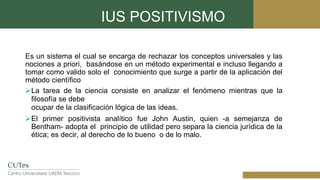 IUS POSITIVISMO
Es un sistema el cual se encarga de rechazar los conceptos universales y las
nociones a priori, basándose en un método experimental e incluso llegando a
tomar como valido solo el conocimiento que surge a partir de la aplicación del
método científico
La tarea de la ciencia consiste en analizar el fenómeno mientras que la
filosofía se debe
ocupar de la clasificación lógica de las ideas.
El primer positivista analítico fue John Austin, quien -a semejanza de
Bentham- adopta el principio de utilidad pero separa la ciencia jurídica de la
ética; es decir, al derecho de lo bueno o de lo malo.
 