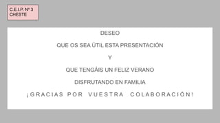 DESEO
QUE OS SEA ÚTIL ESTA PRESENTACIÓN
Y
QUE TENGÁIS UN FELIZ VERANO
DISFRUTANDO EN FAMILIA
¡ G R A C I A S P O R V U E S T R A C O L A B O R A C I Ó N !
C.E.I.P. Nº 3
CHESTE
 
