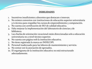 DEBILIDADES

1. Incentivos insuficientes a docentes que destacan e innovan.
2. No existen convenios con instituciones de educación superior universitaria
    y/o técnica para respaldar los cursos de emprendimiento y computación.
3. No cuenta con certificación de ISO de calidad educativa.
4. Falta mejorar la implementación del laboratorio de ciencias y de
    biblioteca.
5. Las charlas de orientación vocacional están direccionadas solo a educación
    universitaria no a nivel técnico superior.
6. No cuenta con página web la institución educativa.
7. No tiene registrada la marca en INDECOPI.
8. Personal inadecuado para las labores de mantenimiento y servicio.
9. No contar con la asociación de egresados.
10. El organigrama de la institución educativa no está estructurado
    adecuadamente.
 