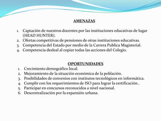 AMENAZAS

1. Captación de nuestros docentes por las instituciones educativas de lugar
   (HEAD HUNTER).
2. Ofertas competitivas de pensiones de otras instituciones educativas.
3. Competencia del Estado por medio de la Carrera Publica Magisterial.
4. Competencia desleal al copiar todas las acciones del Colegio.


                               OPORTUNIDADES
1.   Crecimiento demográfico local.
2.   Mejoramiento de la situación económica de la población.
3.   Posibilidades de convenios con institutos tecnológicos en informática.
4.   Cumplir con los requerimientos de ISO para lograr la certificación..
5.   Participar en concursos reconocidos a nivel nacional.
6.   Descentralización por la expansión urbana.
 