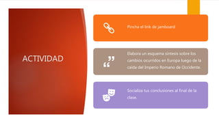ACTIVIDAD
Pincha el link de jamboard
Elabora un esquema síntesis sobre los
cambios ocurridos en Europa luego de la
caída del Imperio Romano de Occidente.
Socializa tus conclusiones al final de la
clase.
 