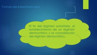 El nivel más simple de democratización implica
El fin del régimen autoritario, el
establecimiento de un régimen
democrático y la consolidación
del régimen democrático.
 
