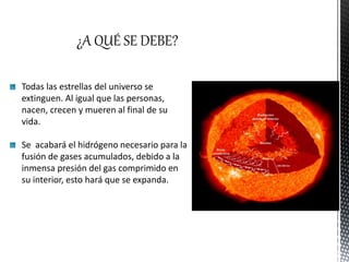 ¿A QUÉ SE DEBE?
Todas las estrellas del universo se
extinguen. Al igual que las personas,
nacen, crecen y mueren al final de su
vida.
Se acabará el hidrógeno necesario para la
fusión de gases acumulados, debido a la
inmensa presión del gas comprimido en
su interior, esto hará que se expanda.
 