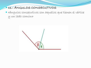  11.- ÁNGULOS CONSECUTIVOS 
 «ángulos consecutivos son aquellos que tienen el vértice 
y un lado común» 
 