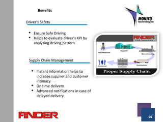 14
Benefits
Driver’s Safety
 Ensure Safe Driving
 Helps to evaluate driver’s KPI by
analyzing driving pattern
Supply Chain Management
 Instant information helps to
increase supplier and customer
intimacy
 On time delivery
 Advanced notifications in case of
delayed delivery
 