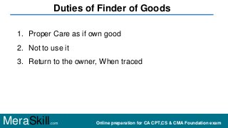 Duties of Finder of Goods
1. Proper Care as if own good
2. Not to use it
3. Return to the owner, When traced
MeraSkill.com...