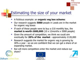 Estimating the size of your market A fictitious example: an  organic veg box scheme : Our research suggests  5000  people in Leeds are in the market for organic veg boxes If each of these people were to buy a £10 monthly box, the  market is worth £600,000  (10 x 12months x 5000 people) Given the amount of competition, we think we could aim eventually for  20% of the  market  - approximately £120,000 Research suggests the market for organic veg is growing by 30% a year - so we are confident that we can get a share of an expanding market.  But will more competitors enter the market and reduce our share? 