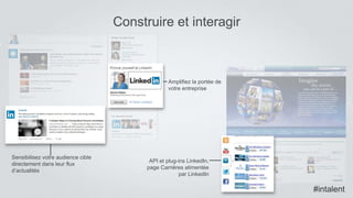 #intalent
Construire et interagir
Sensibilisez votre audience cible
directement dans leur flux
d’actualités
Amplifiez la portée de
votre entreprise
API et plug-ins LinkedIn,
page Carrières alimentée
par LinkedIn
#intalent
 