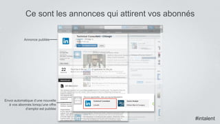 #intalent
Annonce publiée
Ce sont les annonces qui attirent vos abonnés
Envoi automatique d’une nouvelle
à vos abonnés lorsqu’une offre
d’emploi est publiée
#intalent
 
