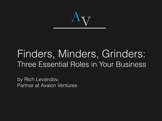 Finders, Minders, Grinders:
Three Essential Roles in Your Business
by Rich Levandov,
Partner at Avalon Ventures
 