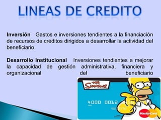 Inversión Gastos e inversiones tendientes a la financiación
de recursos de créditos dirigidos a desarrollar la actividad del
beneficiario
Desarrollo Institucional Inversiones tendientes a mejorar
la capacidad de gestión administrativa, financiera y
organizacional del beneficiario
 