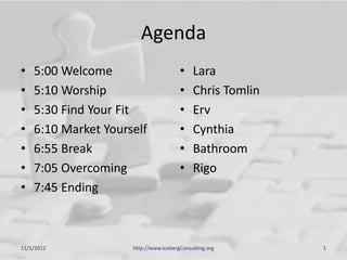 Agenda
•   5:00 Welcome                       •    Lara
•   5:10 Worship                       •    Chris Tomlin
•   5:30 Find Your Fit                 •    Erv
•   6:10 Market Yourself               •    Cynthia
•   6:55 Break                         •    Bathroom
•   7:05 Overcoming                    •    Rigo
•   7:45 Ending



11/1/2012            http://www.IcebergConsulting.org      1
 