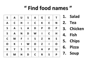 “ Find food names ” <br />SAUSAGETACHICKENSALADPOPSANDWICHCWFISZHSOKIWOZIOKYSTEAPUEMHDCRSP<br />,[object Object]
