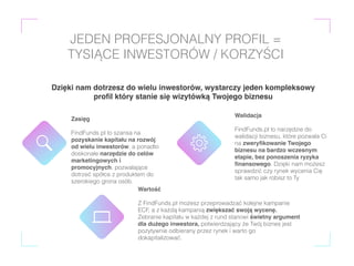 Zasięg
FindFunds.pl to szansa na
pozyskanie kapitału na rozwój
od wielu inwestorów, a ponadto
doskonałe narzędzie do celów...