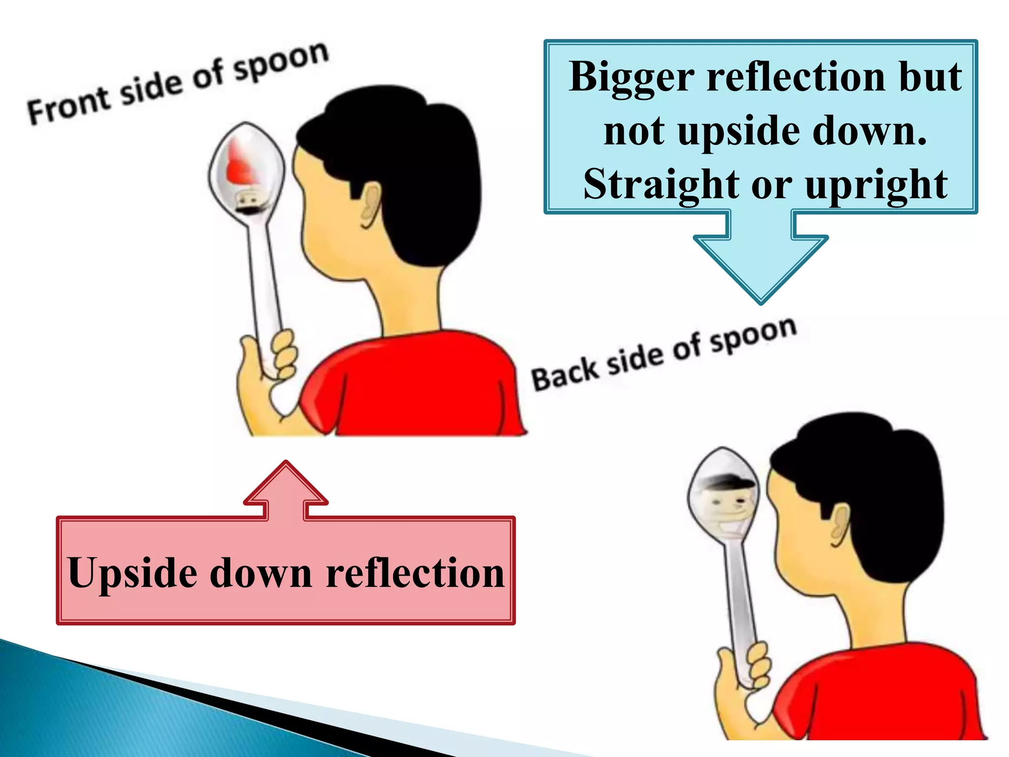 Bigger reflection but
not upside down.
Straight or upright
Upside down reflection
