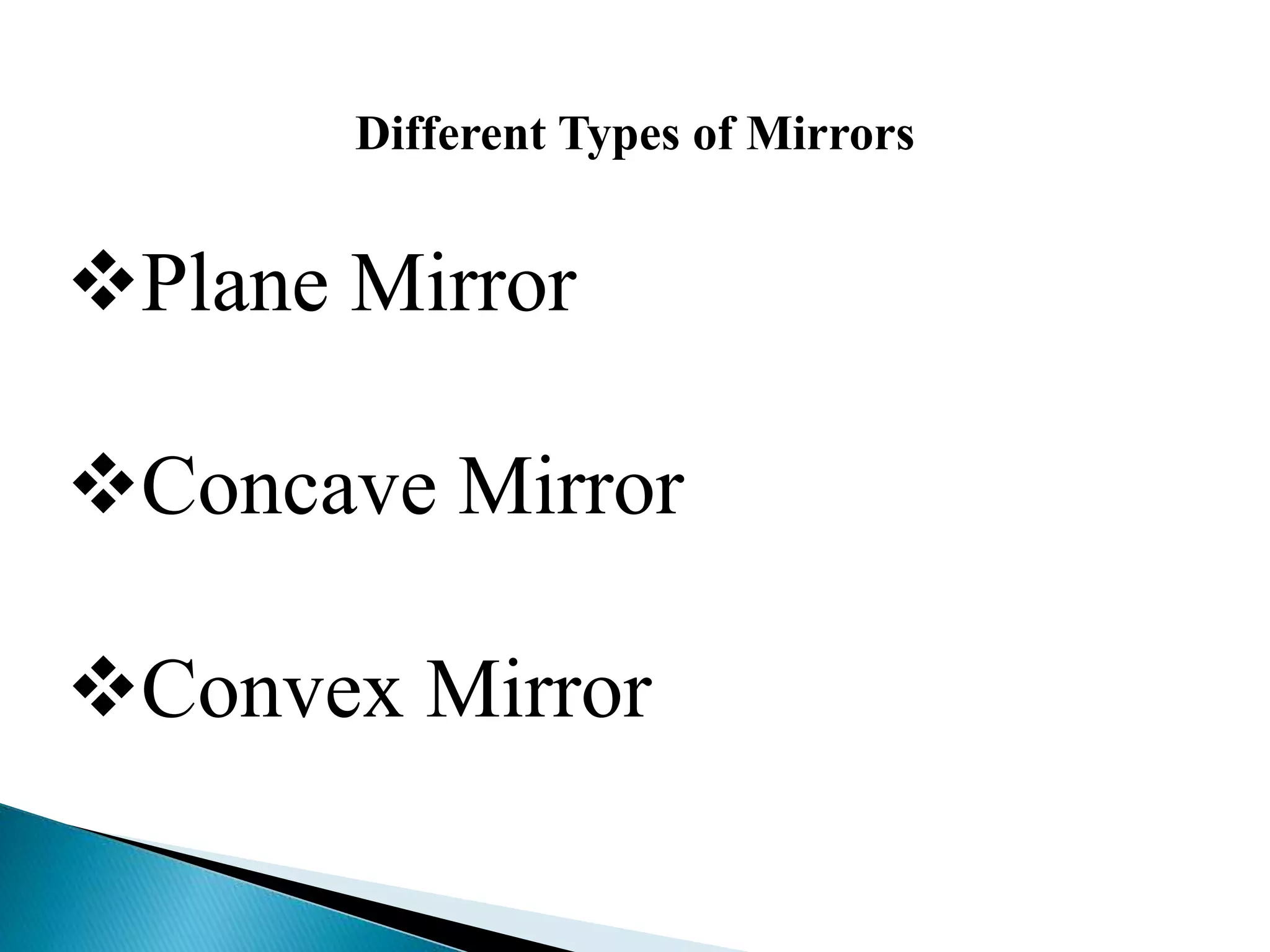 Different Types of Mirrors
Plane Mirror
Concave Mirror
Convex Mirror